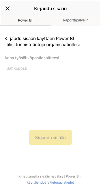 Power BI -mobiilisovellukseen kirjautuminen