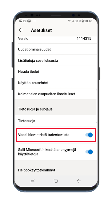 Power BI Android app setting page