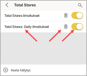 Näyttökuva ilmoituksesta, joka osoittaa ilmoituksen nimeen, roskakori ilmoitus voidaan poistaa ja liukusäädin poistaa käytöstä.