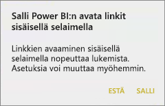 Näyttökuva valintaikkunasta, jonka avulla Power BI voi avata linkkejä sisäisellä selaimella.