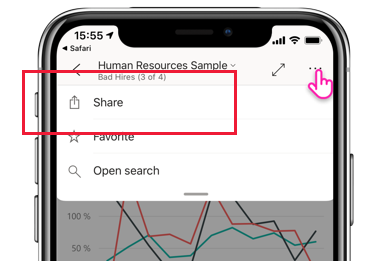 Näyttökuva Power BI -mobiilisovelluksen jakamiskuvakkeesta.