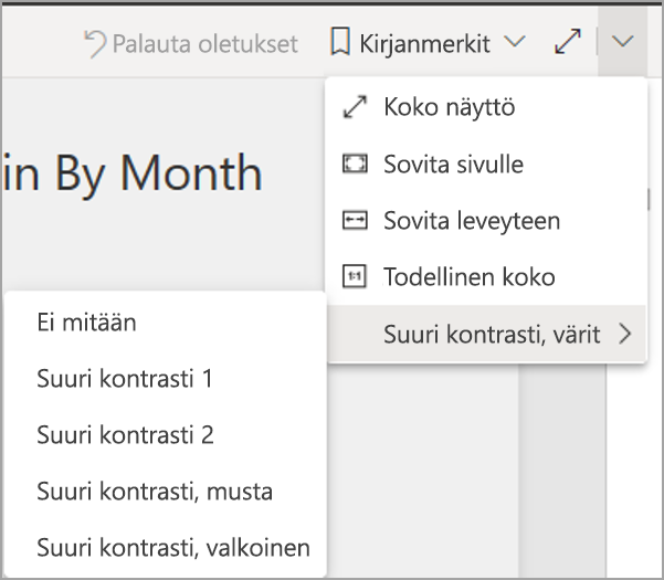 Näyttökuva Power BI -palvelusta muokkaustilassa, jossa näkyvät Näytä- ja Suuren kontrastin värit.