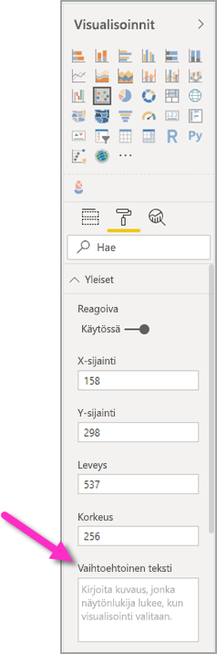 Visualisoinnit-ruudun näyttökuva, jossa Vaihtoehtoinen teksti -ruutu korostetaan.