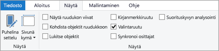 Näyttökuva valintanauhan Näytä-välilehdestä, jossa valinta näkyy korostettuna.