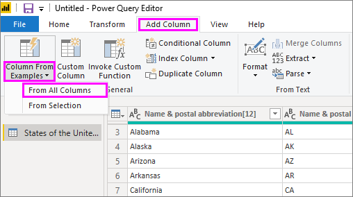 Näyttökuva Power Query -editorista, jossa korostetaan Lisää sarake, Sarake esimerkeistä ja Kaikista sarakkeista.