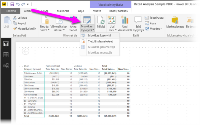 Näyttökuva Power BI Desktopista, jossa Muunna tiedot on korostettuna.