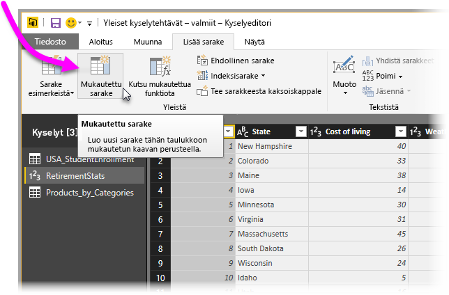 Näyttökuva Power Query -editorista, jossa mukautettu sarake on korostettuna.