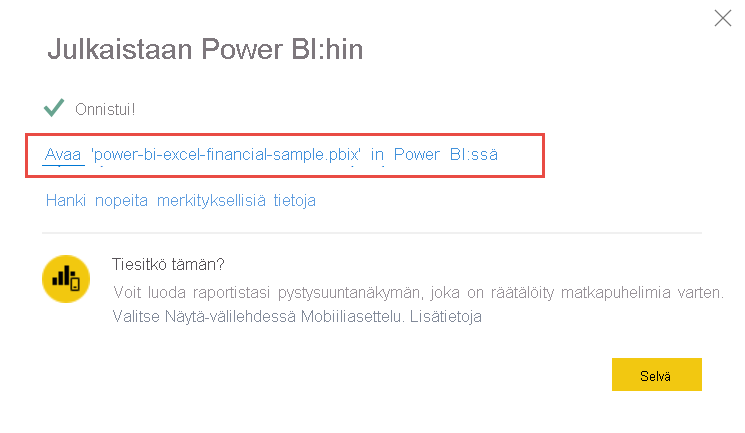 Näyttökuva raportin avaamisesta Power BI -palvelussa.