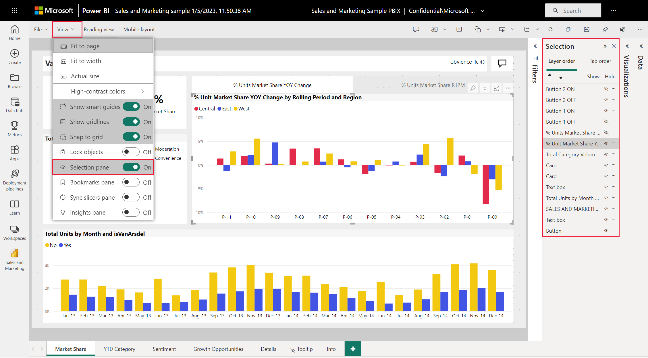 Power BI -palvelun pohjan näyttökuva, jossa näkyy Valinta-ruutu, joka määrittää visualisointien järjestyksen edestä taakse.