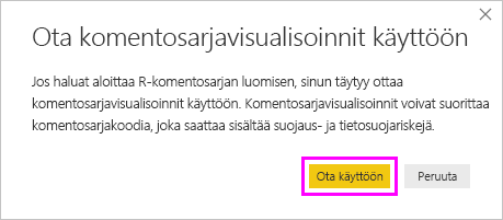 Näyttökuva Ota käyttöön komentosarjan visualisoinnit -valintaikkunasta, jossa on korostettu Ota käyttöön.