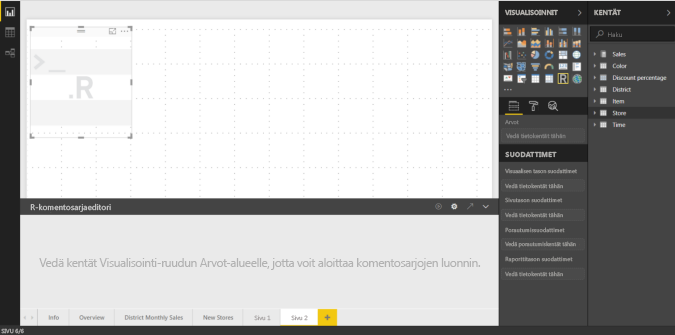 Näyttökuva Power BI:n R-komentosarjaeditorista.