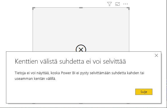 Näyttökuva virhevalintaikkunasta, jossa ilmoitetaan, että kenttien välillä ei voi määrittää suhteita.