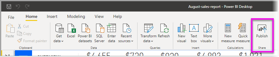 Näyttökuva Power BI:n Aloitus-valintanauhasta, jossa korostettuna on Julkaise.