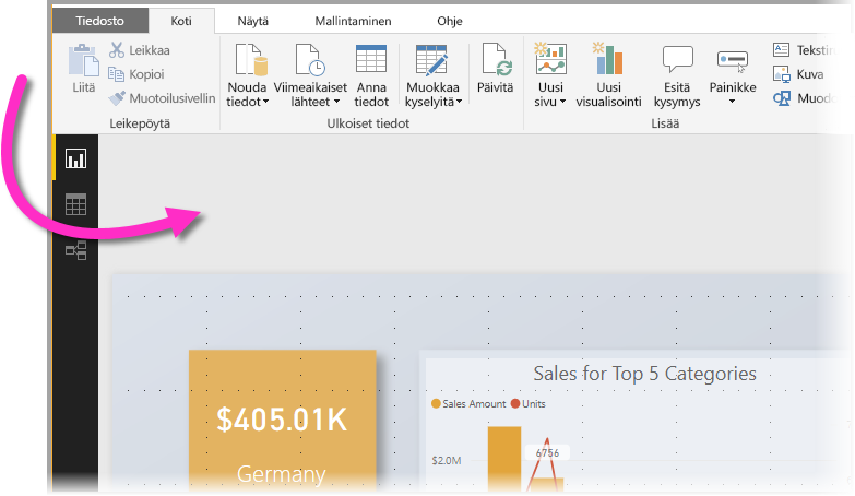 Näyttökuva Power BI Desktopista, jossa korostetaan taustakuvan aluetta.