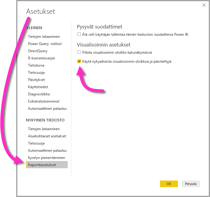 Näyttökuva Asetukset-valikosta, jossa korostetaan Raportti-asetuksia ja Käytä nykyaikaista visualisoinnin otsikkoa ja päivitettyjä muotoiluasetuksia -valintaruutu.