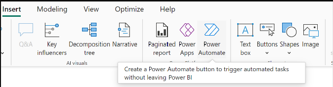 Näyttökuva Power Automate -kuvakkeen valitsemisesta Lisää-valintanauhasta.