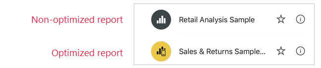 Näyttökuva, jossa näkyy optimoitu raportti -kuvake Power BI -mobiilisovelluksissa.