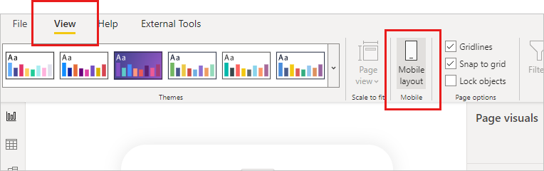 Näyttökuva Power BI Desktopin Näytä-valintanauhan mobiiliasettelupainikkeesta.