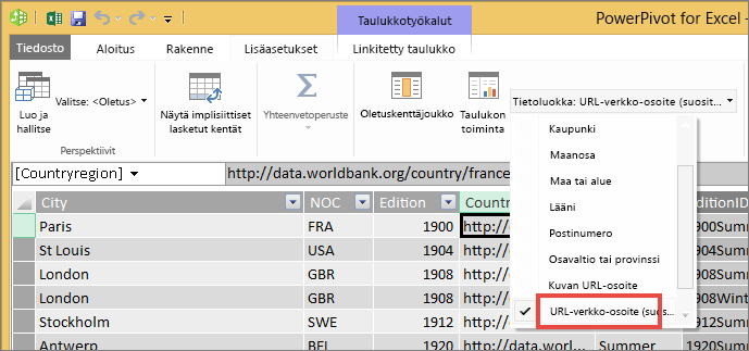 Tietoluokan avattava valikko Excelissä