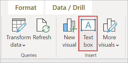 Power BI Desktopin näyttökuva, jossa tekstiruutu korostetaan.