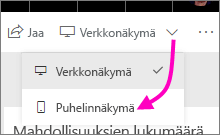 Näyttökuva avattavasta Muokkaa-valikosta, jossa korostetaan mobiiliasettelua.