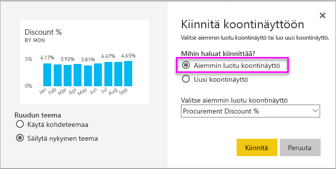 Näyttökuva Kiinnitä koontinäyttöön -ikkunasta, jossa korostetaan aiemmin luotua koontinäyttöä.