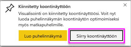 Näyttökuva onnistumisviestistä, jossa korostetaan Siirry koontinäyttöön - .