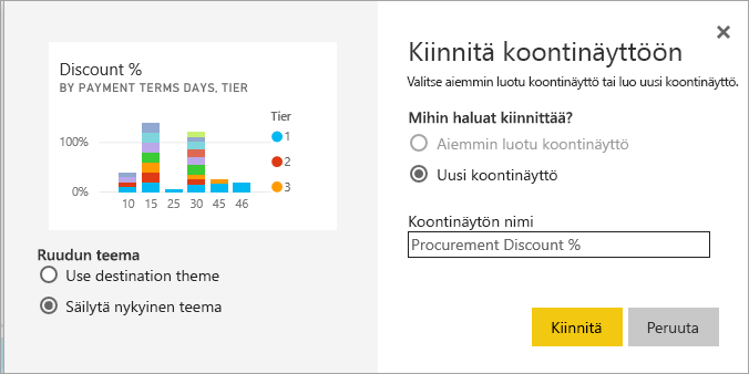 Näyttökuva Kiinnitä koontinäyttöön -ikkunasta.