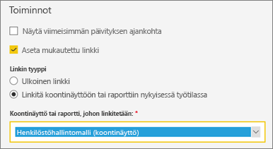 Näyttökuva, jossa näkyy Toiminnot-valintaikkuna.