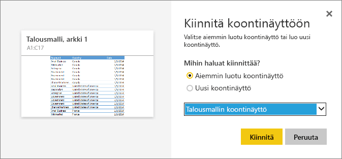 Näyttökuva, jossa näkyy Kiinnitä koontinäyttöön -valintaikkuna.