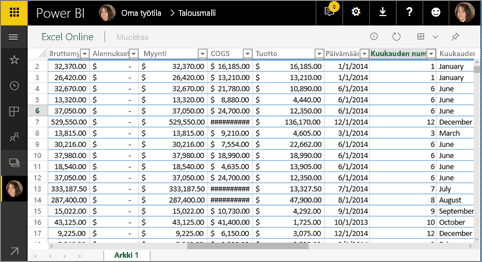 Näyttökuva, jossa näkyy Excel Online Power BI:ssä.