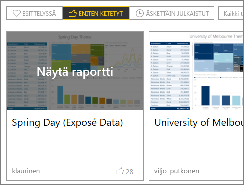 Näyttökuva teemavalikoiman raporttivaihtoehdosta.