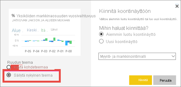 Näyttökuva Kiinnitä koontinäyttöön -ikkunasta, jossa korostetaan Säilytä nykyinen teema -vaihtoehtoa.