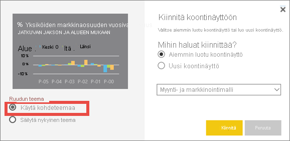 Näyttökuva Kiinnitä koontinäyttöön -ikkunasta, jossa korostetaan Käytä kohdeteemaa -vaihtoehtoa.