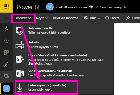 Näyttökuva Power BI -palvelun tiedostovalikosta, jossa on korostettuna Lataa PBIX-tiedosto.