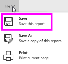 Näyttökuva, jossa korostetaan Tallenna tämä raportti -vaihtoehtoa.