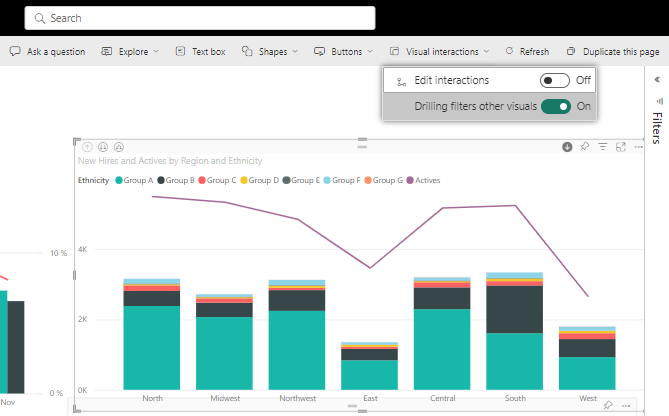 Power BI -palvelun näyttökuva, jossa näytetään Poraaminen suodattaa muut visualisoinnit, joiden arvo on Käytössä.