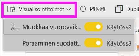 Näyttökuva Power BI -palvelusta, jossa korostetaan avattavaa Visualisointitoimet-valikkoa.