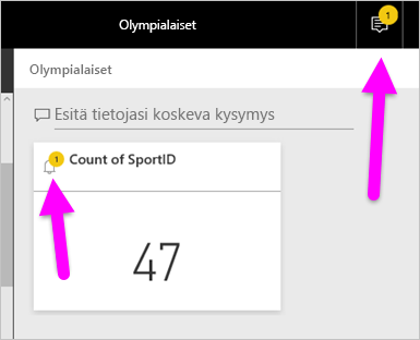 Näyttökuva Ilmoitus-kuvakkeesta ja ilmoituksesta Power BI -palvelun ilmoituskeskuksessa.