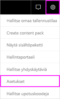 Näyttökuva Power BI -valikkorivistä, jossa näkyy korostettuna hammaspyöräkuvake ja Asetukset-vaihtoehto.