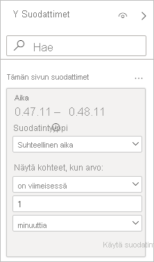 Näyttökuva, jossa näkyy suodatinkortti, jossa on valittuna Suodatintyyppi Suhteellinen aika.