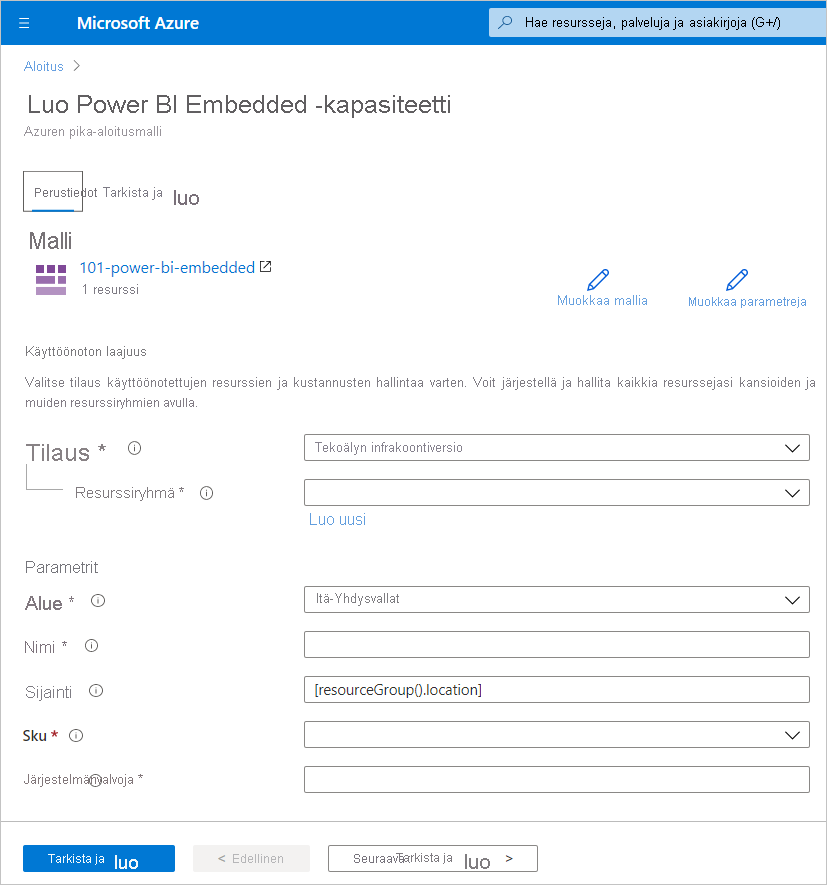 Näyttökuvassa näkyy Luo Power BI Embedded -kapasiteetti -sivun Perustiedot-välilehti uuden kapasiteetin luomiseksi Azure-portaali.