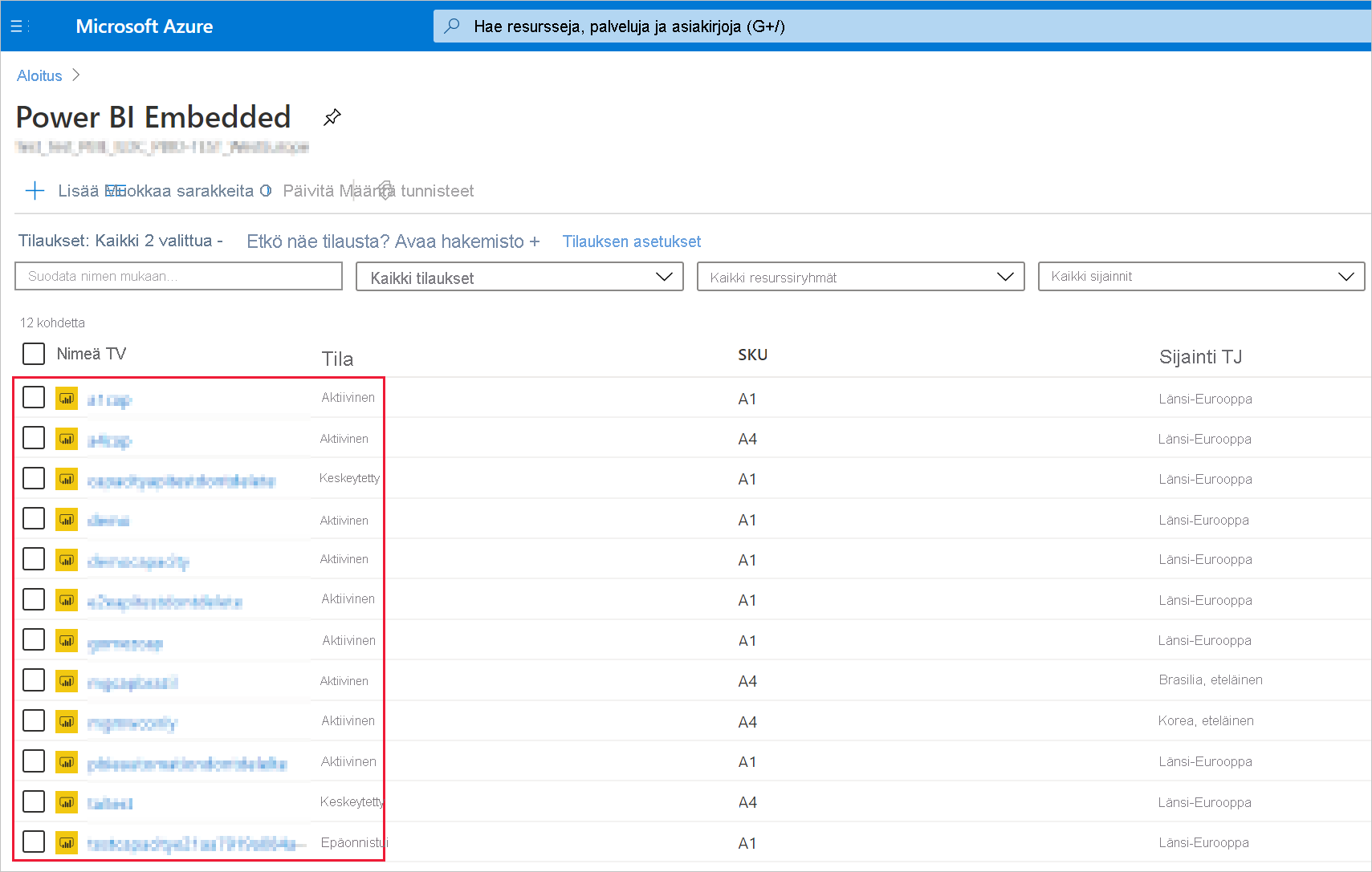 Näyttökuva Power BI Embedded -kapasiteettiluettelosta Azure-portaali.