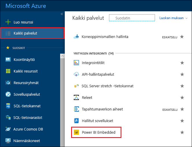 Screenshot of the Azure portal, which shows the Azure services list.