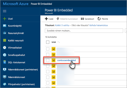 Screenshot of Power BI Embedded capacity list in Azure portal.