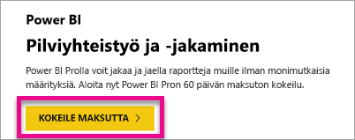 Näyttökuva, jossa näkyy ilmainen Power BI -kokeiluversiotarjous.