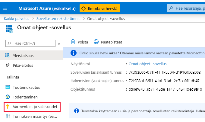 Näyttökuva Azure-portaali-ikkunasta, joka näyttää sovelluksen Varmenteet ja salasanat -ruudun.