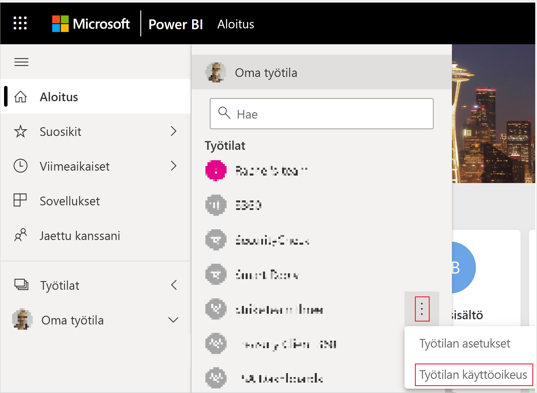 Näyttökuva, jossa näkyy Työtilan käyttöoikeus -painike Power BI -työtilan Lisää-valikossa.