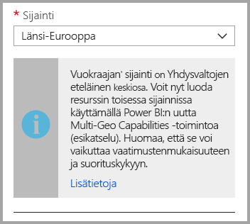 Screenshot of the Azure portal capacity creation screen, which shows the capacity's location is different than the default tenant location.