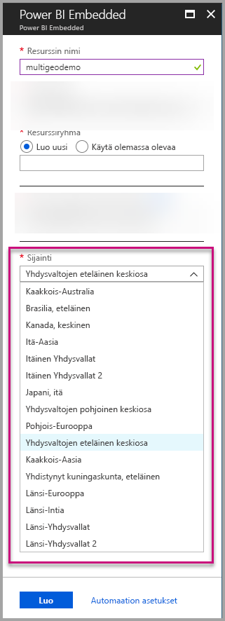 Screenshot of the Azure portal capacity creation screen, which shows the highlighted location drop-down menu.